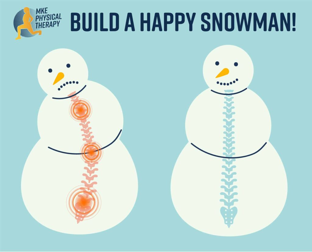 Graphic showing a snowman with bad posture and a painful spine next to a snowman with good posture and no pain.