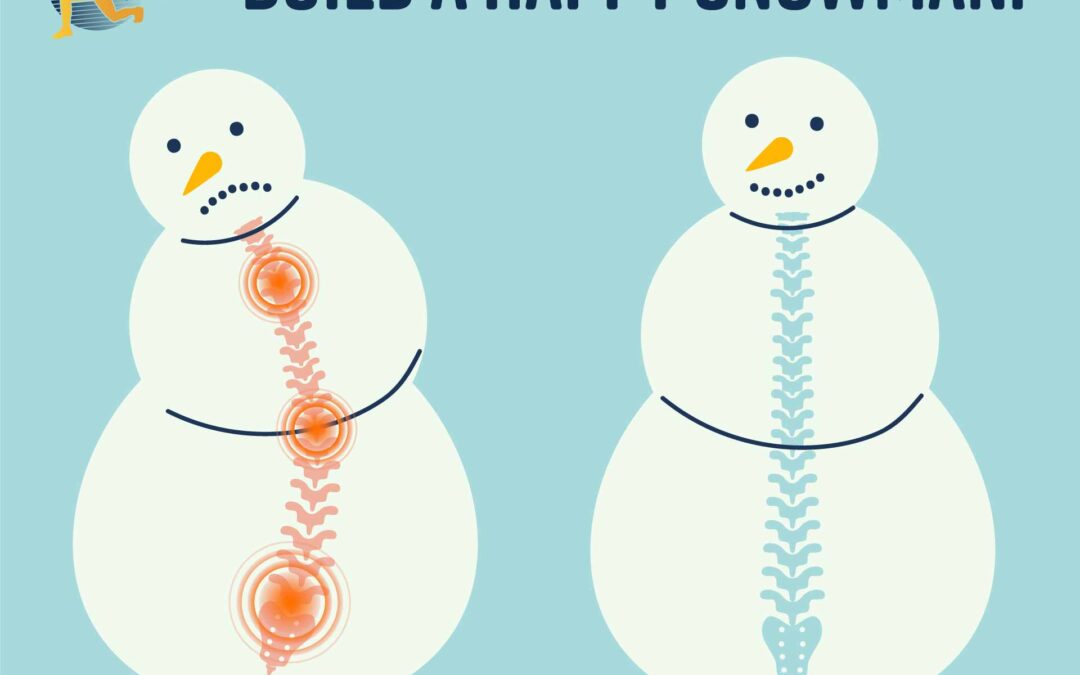 Graphic showing a snowman with bad posture and a painful spine next to a snowman with good posture and no pain.